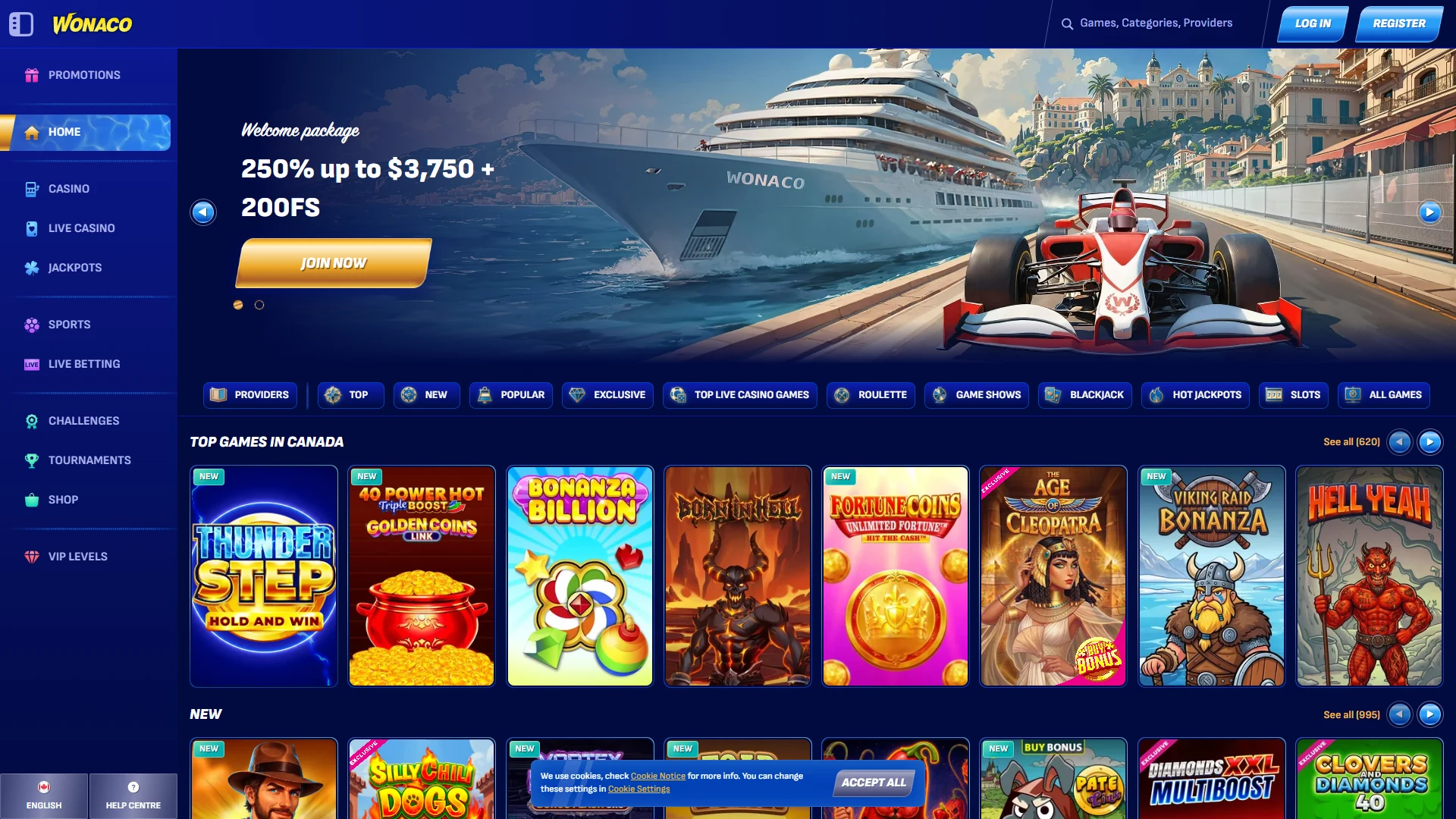 Wonaco casino lobby on desktop