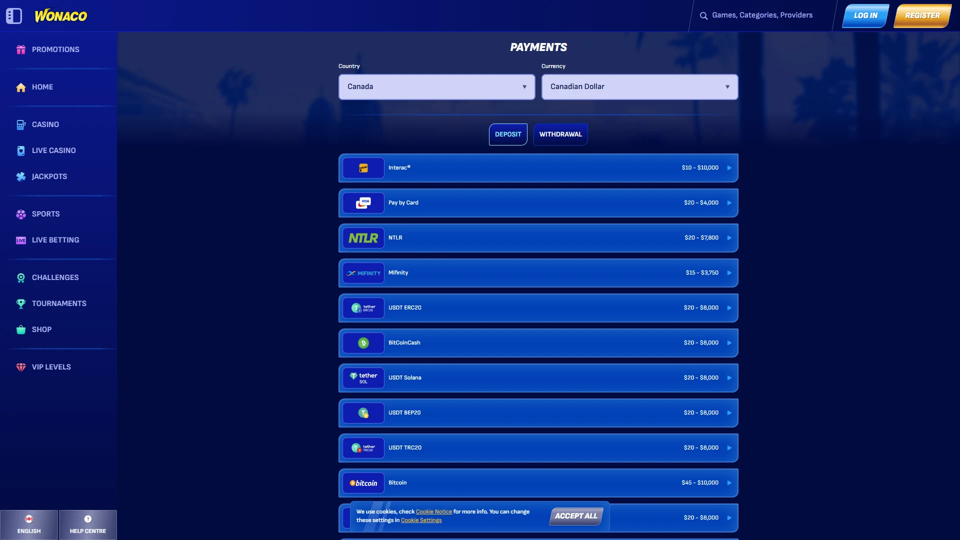 Wonaco cashier: deposit and withdrawal options
